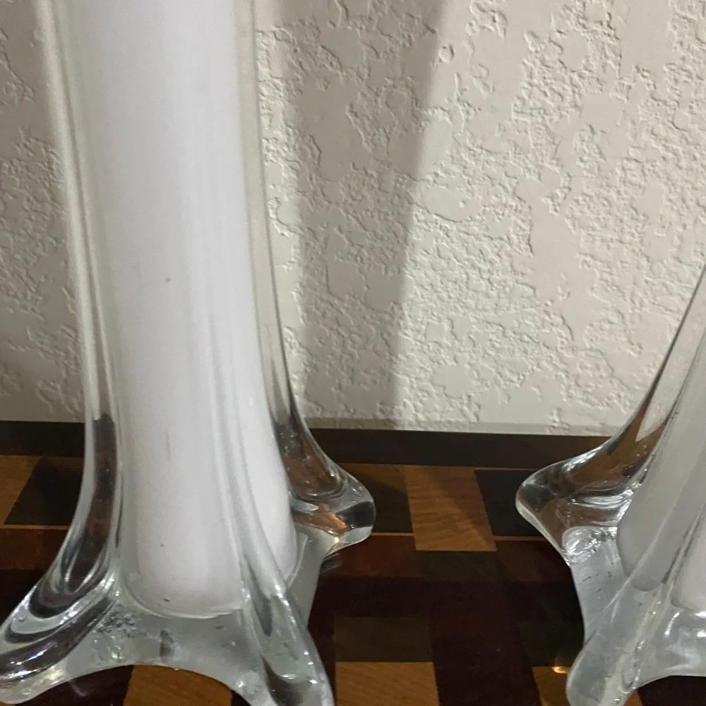 2 White Blown Glass Eiffel Tower 12” Tall Centerpiece Wedding Decor Vases